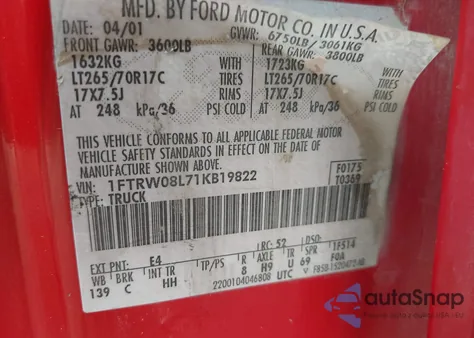 2001 Ford F-150 King Ranch Edition/Lariat/Xlt z USA, uszkodzony, nr VIN 1FTRW08L71KB19822